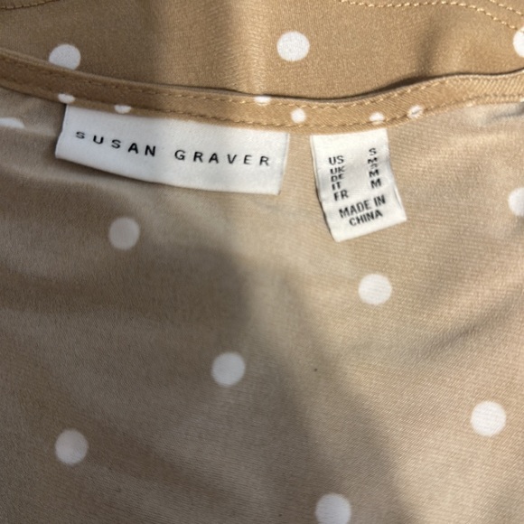 Susan Graver Liquid Knit Faux Wrap Tan w/ White Polka Dot Shirt / Top / Blouse. - Picture 8 of 9